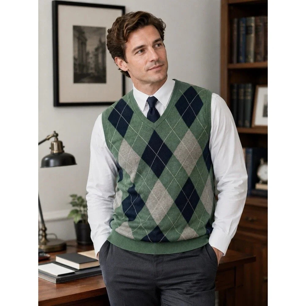 J.Crew Vintage Y2K Argyle Sweater Vest Men’s L Cotton Cashmere Green Preppy Top